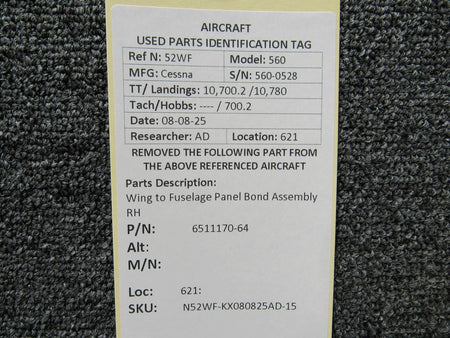 Cessna Citation 6511170-64 Cessna Citation 560 Ultra Wing to Fuselage Panel Bond Assembly RH