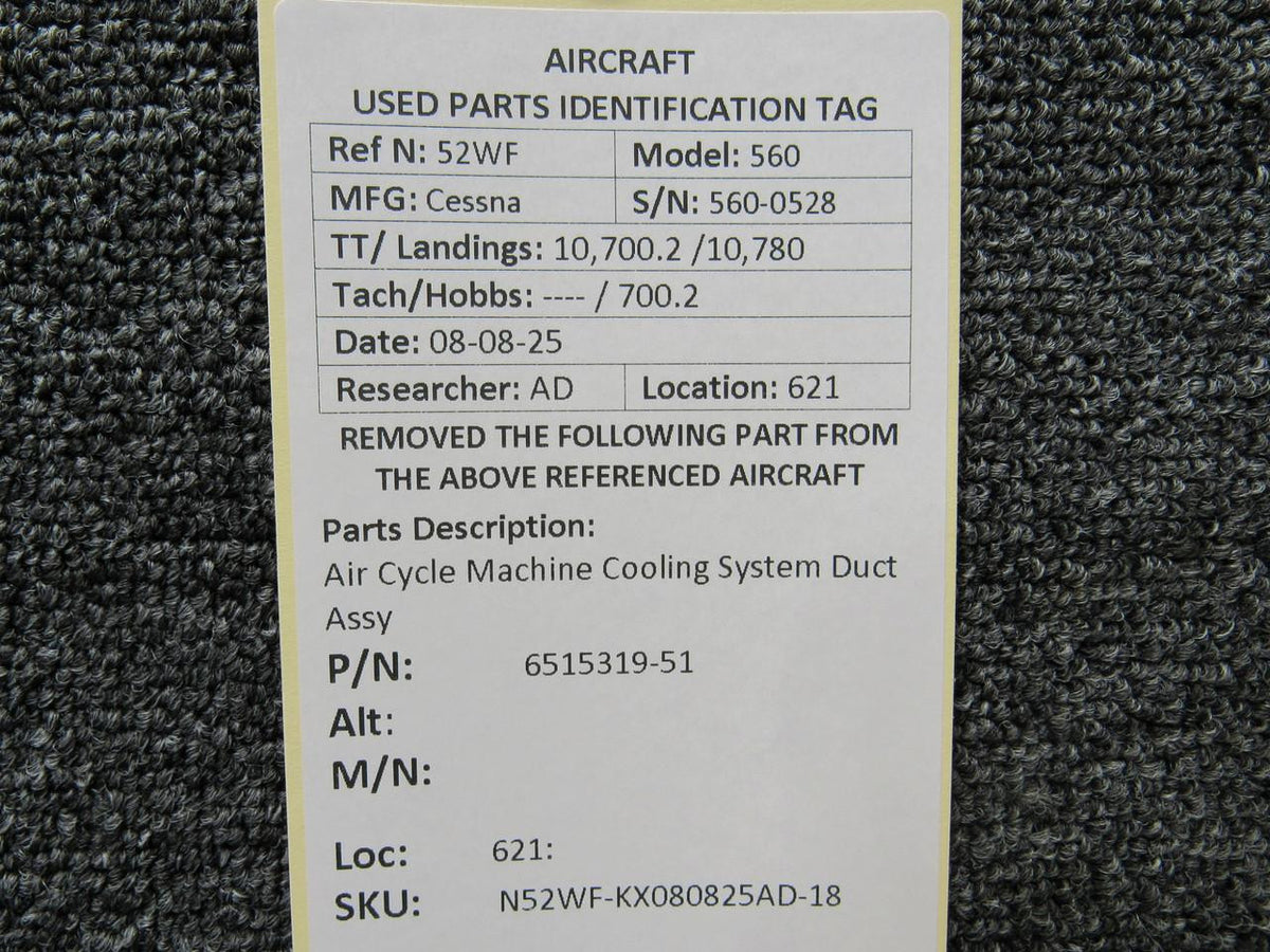 Cessna Citation 6515319-51 Cessna Citation 560 Ultra Air Cycle Machine Cooling System Duct Assy