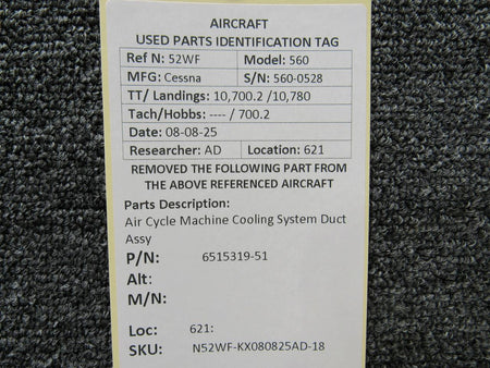 Cessna Citation 6515319-51 Cessna Citation 560 Ultra Air Cycle Machine Cooling System Duct Assy