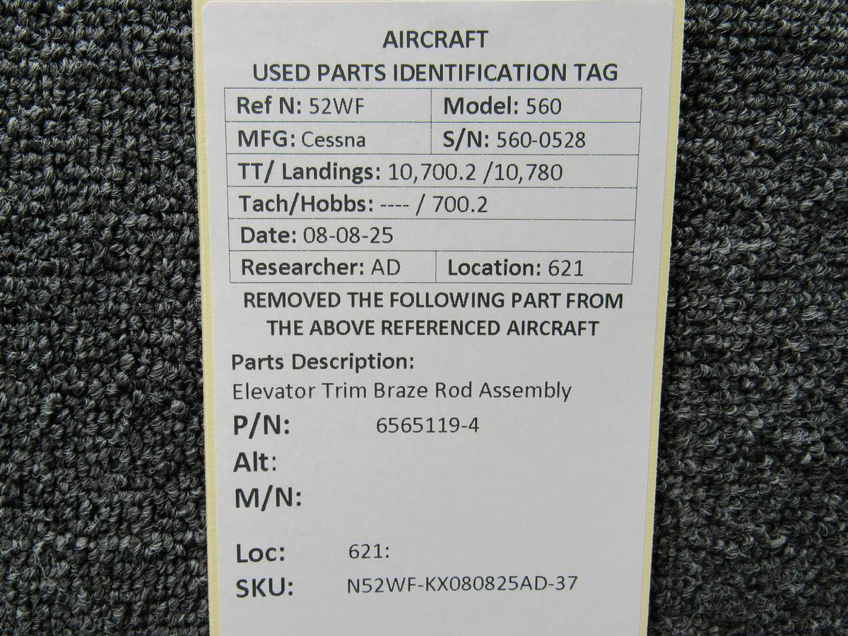 Cessna Citation 6565119-4 Cessna Citation 560 Ultra Elevator Trim Braze Rod Assembly