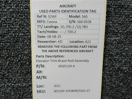 Cessna Citation 6565119-4 Cessna Citation 560 Ultra Elevator Trim Braze Rod Assembly