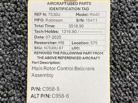 Robinson Helicopter & Airplane Parts C958-5 (Alt: C958-6) Robinson R44II Main Rotor Control Bellcrank Assembly