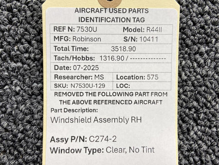 Robinson Helicopter & Airplane Parts C274-2 Robinson R44II Windshield Assembly RH (Clear)