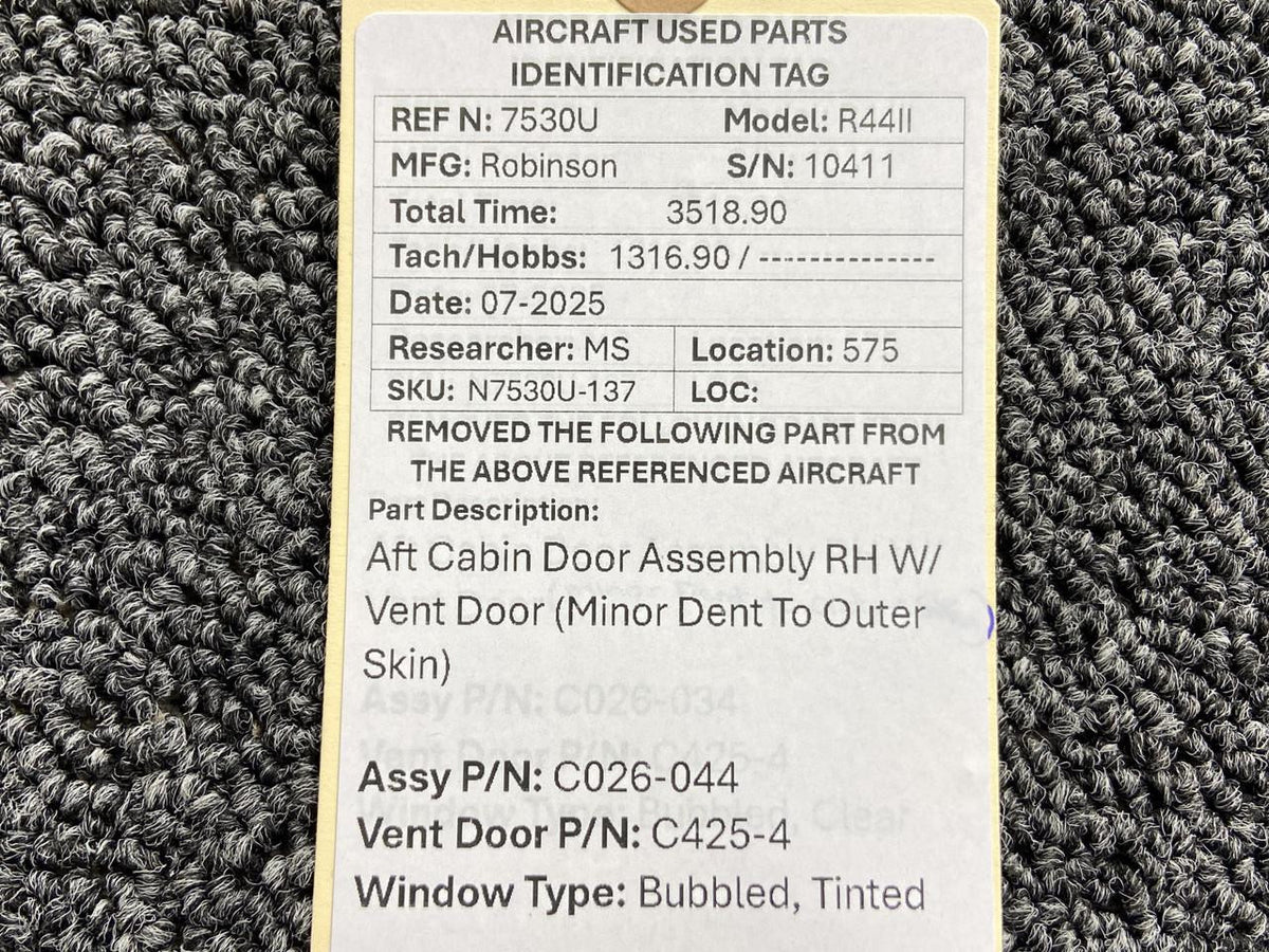 Robinson Helicopter & Airplane Parts C026-044, C425-4 Robinson R44II Aft Cabin Door Assembly RH