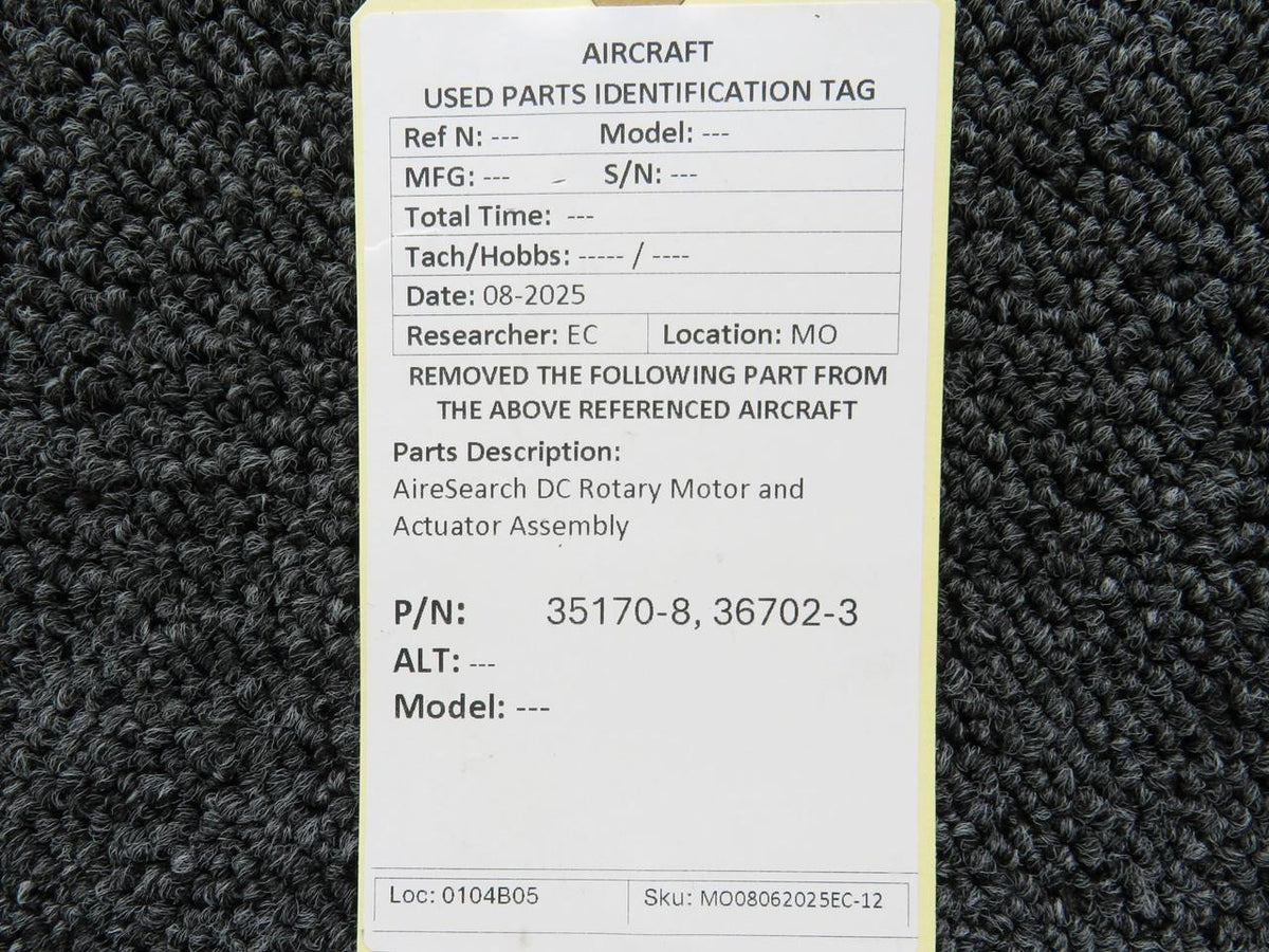 Airesearch 35170-8, 36702-3 AireSearch DC Rotary Motor and Actuator Assembly