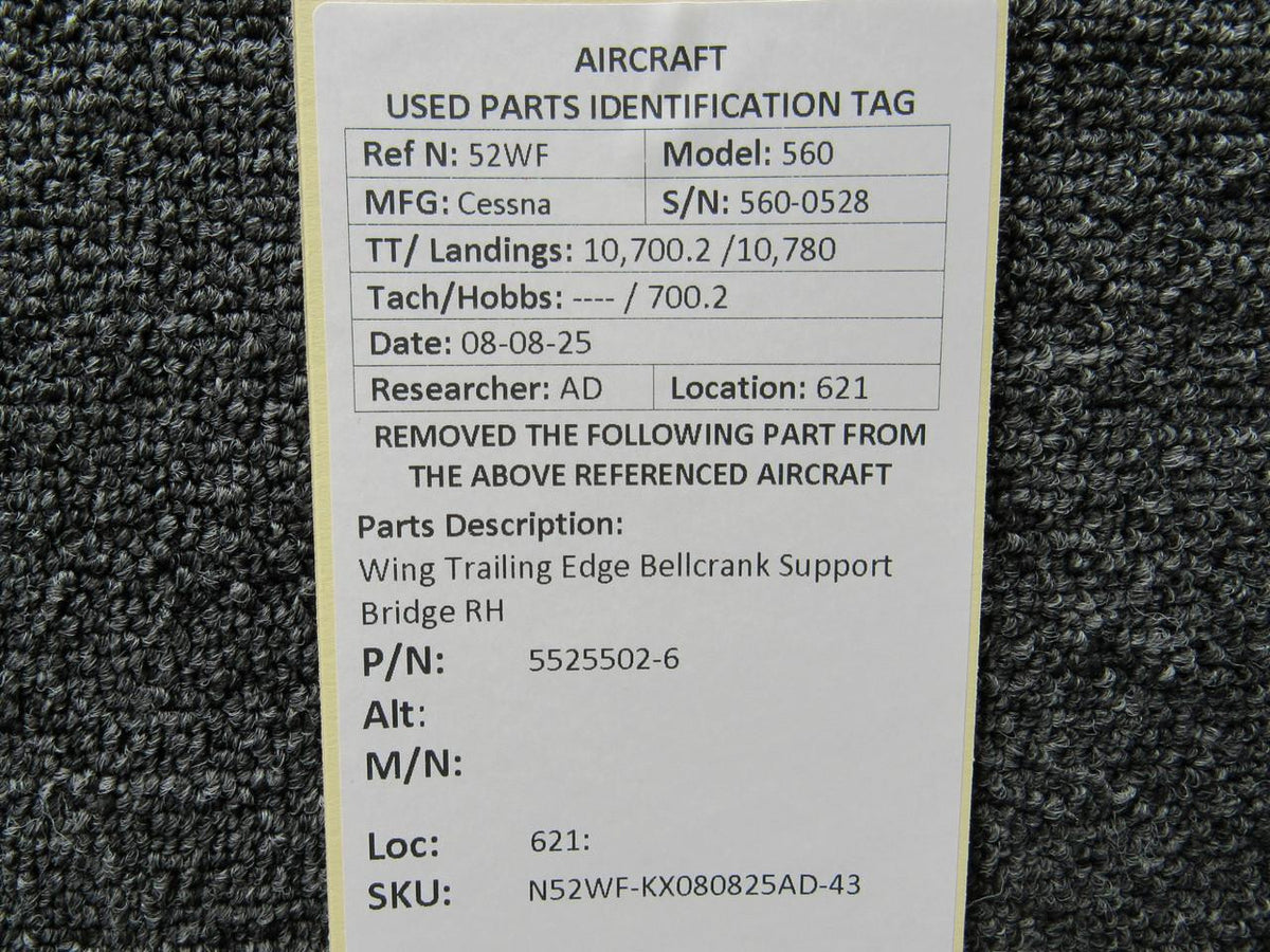 Cessna Citation 5525502-6 Cessna Citation 560 Wing Trailing Edge Bellcrank Support Bridge RH