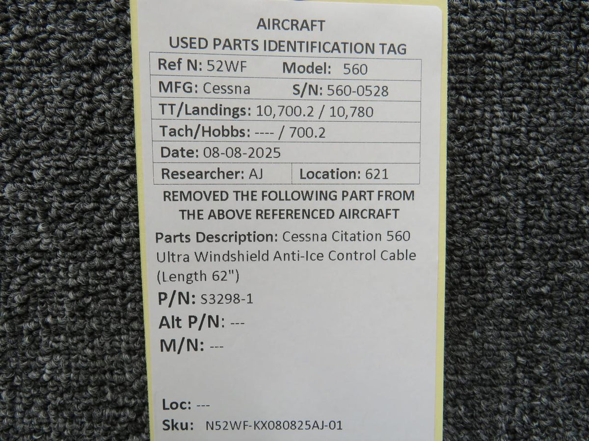 Cessna Citation S3298-1 Cessna Citation 560 Ultra Windshield Anti-Ice Control Cable (Length 62")