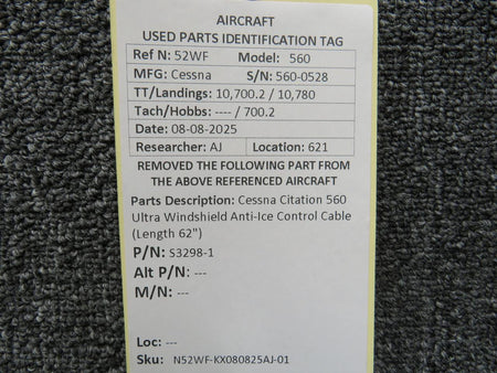 Cessna Citation S3298-1 Cessna Citation 560 Ultra Windshield Anti-Ice Control Cable (Length 62")