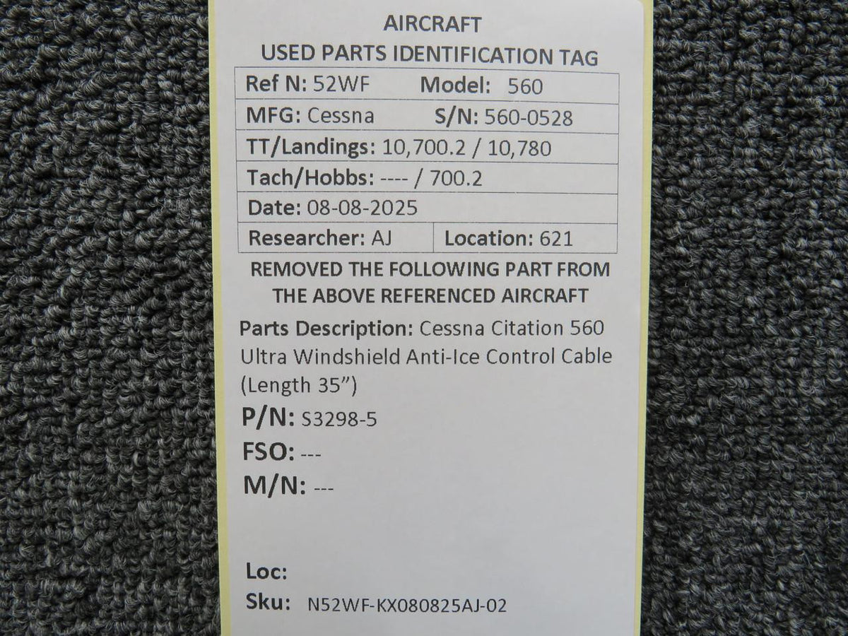 Cessna Citation S3298-5 Cessna Citation 560 Ultra Windshield Anti-Ice Control Cable (Length 35”)