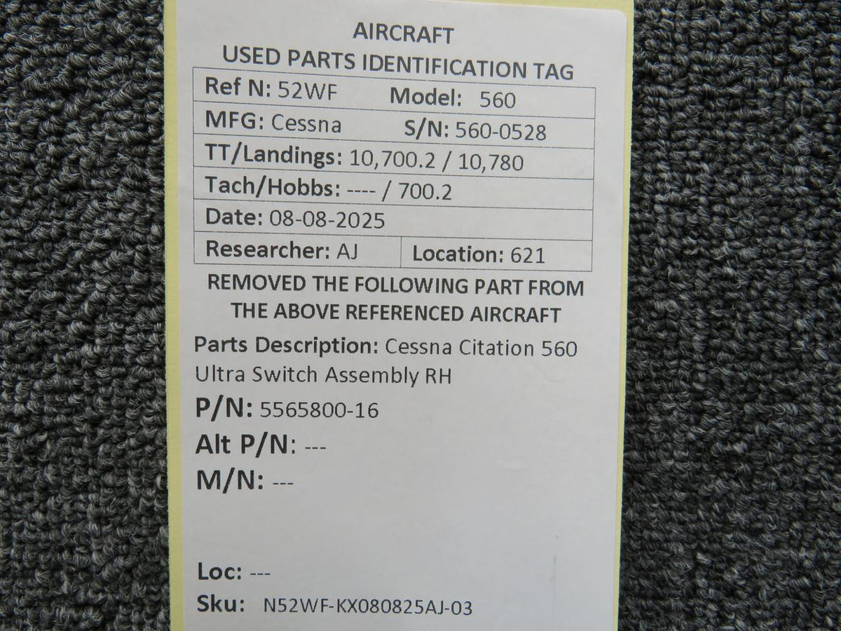Cessna Citation 5565800-16 Cessna Citation 560 Ultra Switch Assembly RH