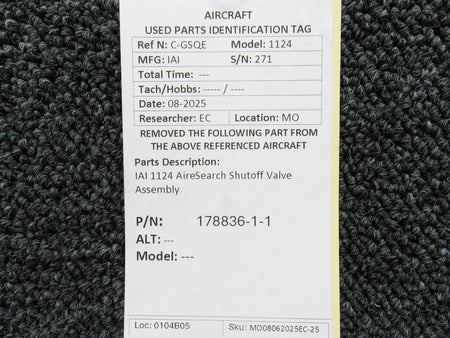 Airesearch 178836-1-1 IAI 1124 AireSearch Shutoff Valve Assembly