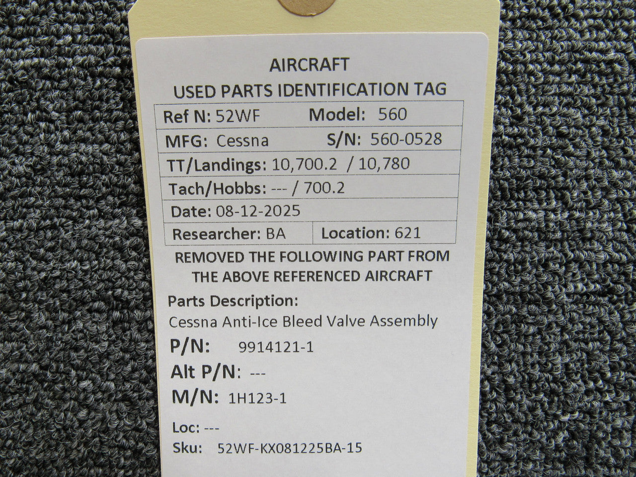 9914121-1 Cessna 1H123-1 Anti-Ice Bleed Valve Assembly – BAS Part
