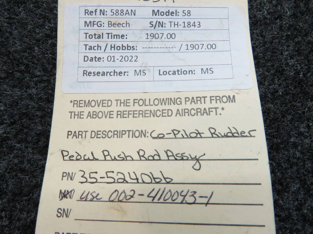 35-524066 (Use: 002-410043-1) Beech 58 Rudder Pedal Push Rod Assembly Co-Pilot BAS Part Sales | Airplane Parts