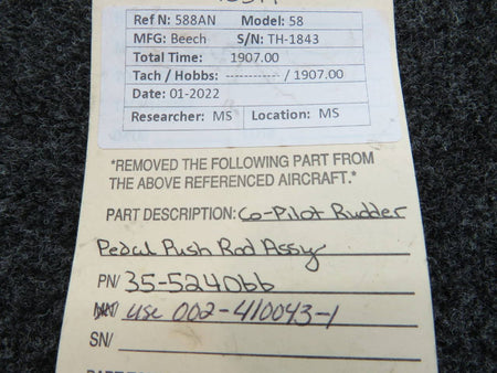 35-524066 (Use: 002-410043-1) Beech 58 Rudder Pedal Push Rod Assembly Co-Pilot BAS Part Sales | Airplane Parts