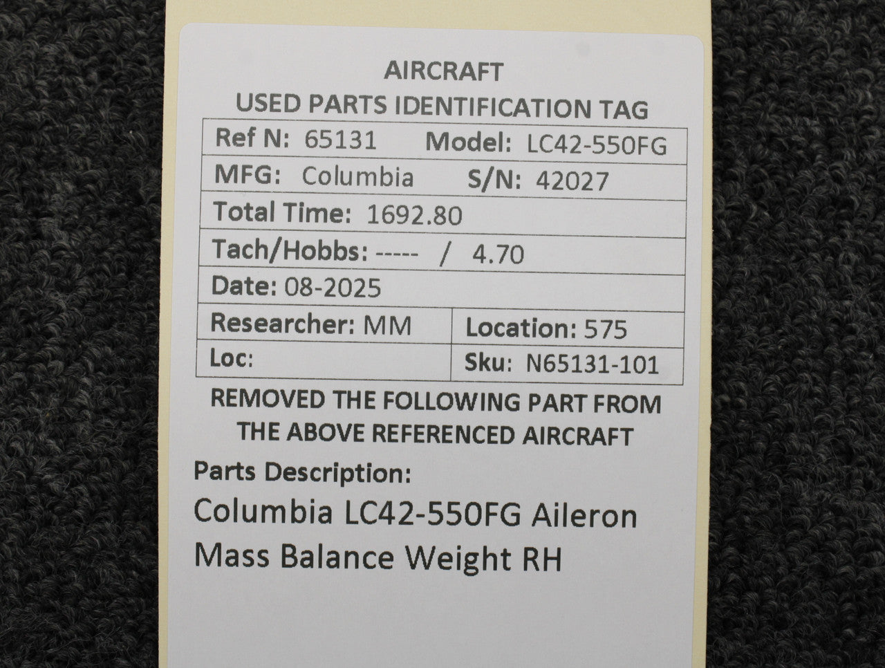 Columbia LC42-550FG Aileron Mass Balance Weight RH – BAS Part Sales