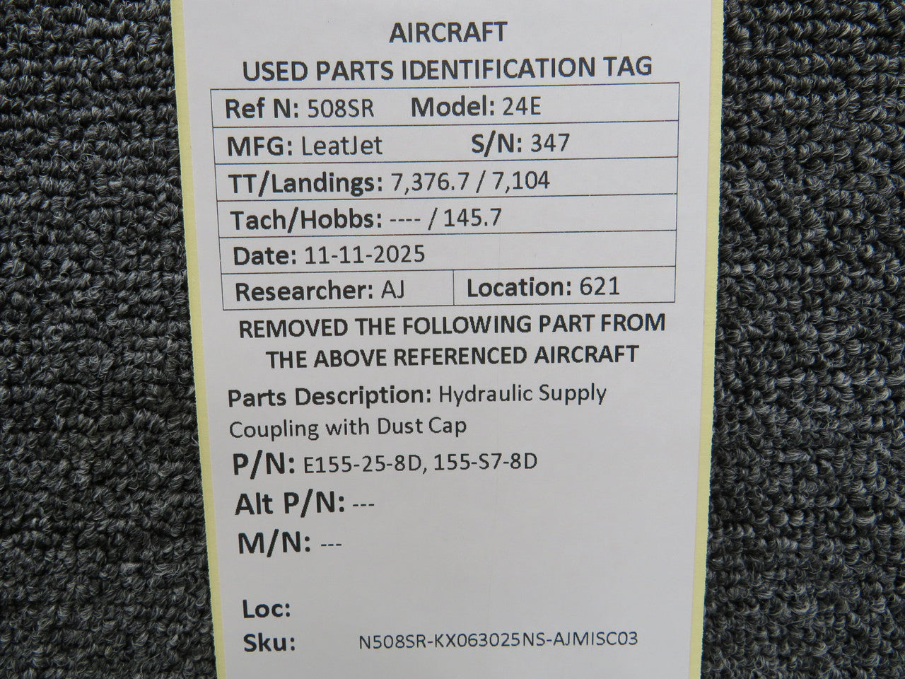 E155-25-8D, 155-S7-8D LearJet 24E Hydraulic Supply Coupling with