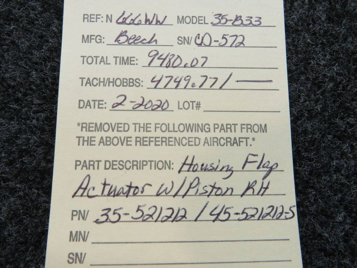 35-521212 / 45-521212-5 Beech 35-B33 Flap Actuator Housing W/ Piston RH BAS Part Sales | Airplane Parts