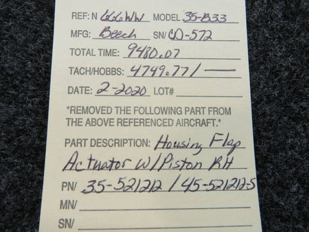 35-521212 / 45-521212-5 Beech 35-B33 Flap Actuator Housing W/ Piston RH BAS Part Sales | Airplane Parts