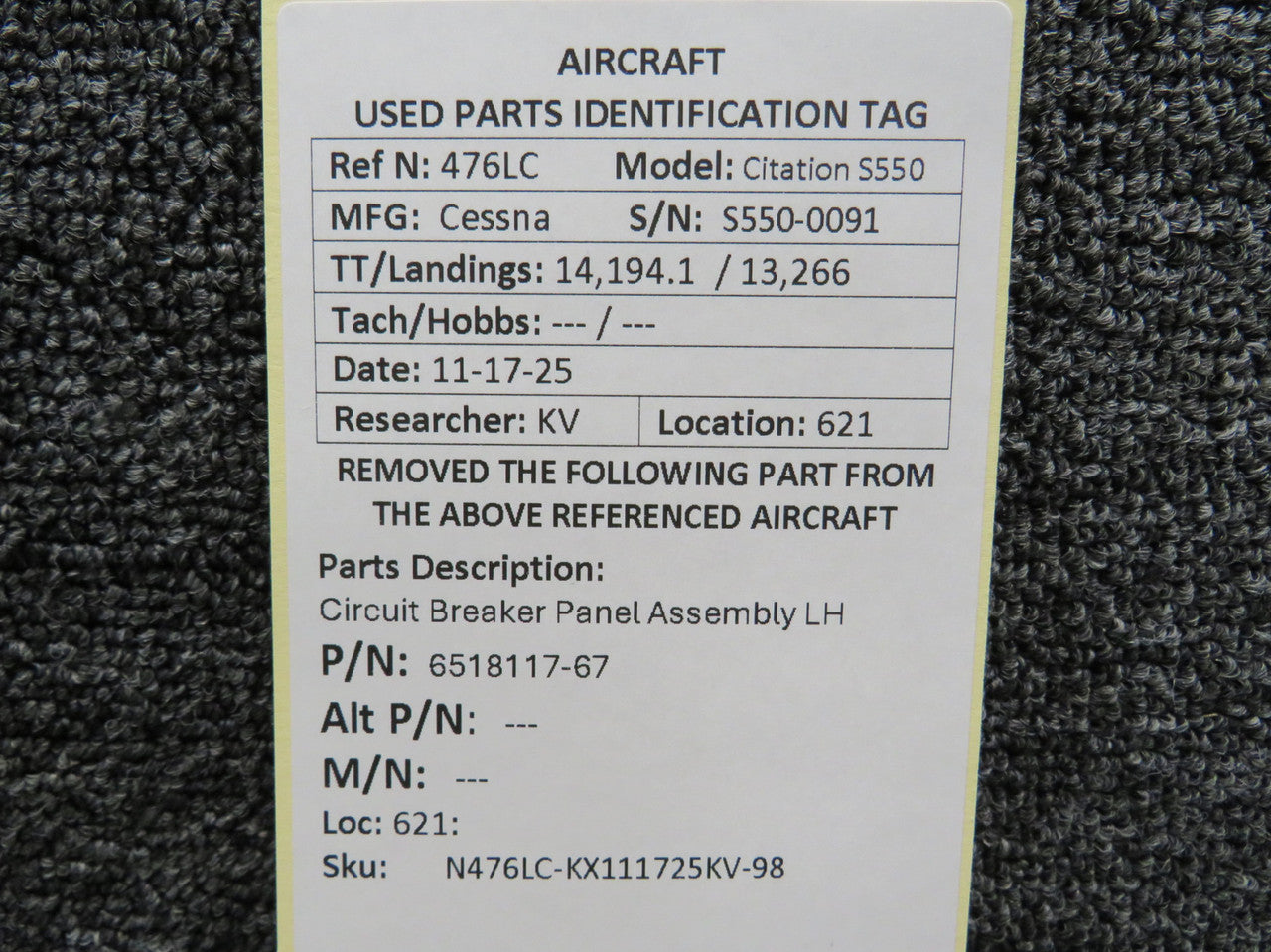 6518117-67 Cessna Citation S550 Circuit Breaker Panel Assembly LH
