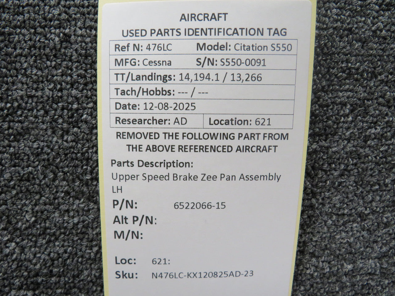 6522066-15 Cessna Citation S550 Upper Speed Brake Zee Pan Assembly
