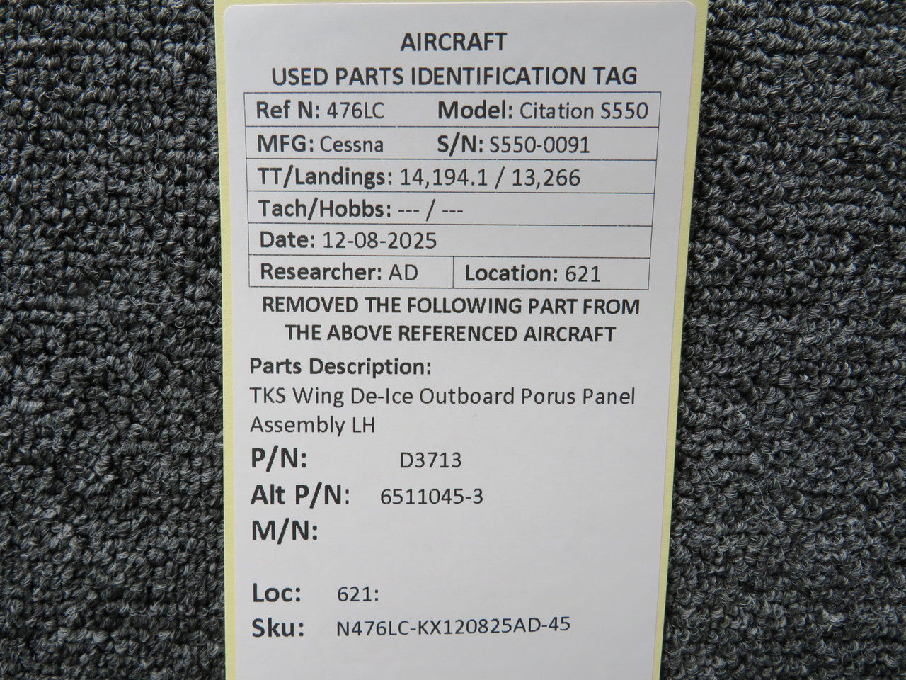 D3713 (Alt: 6511045-3) TKS Wing De-Ice Outboard Porus Panel