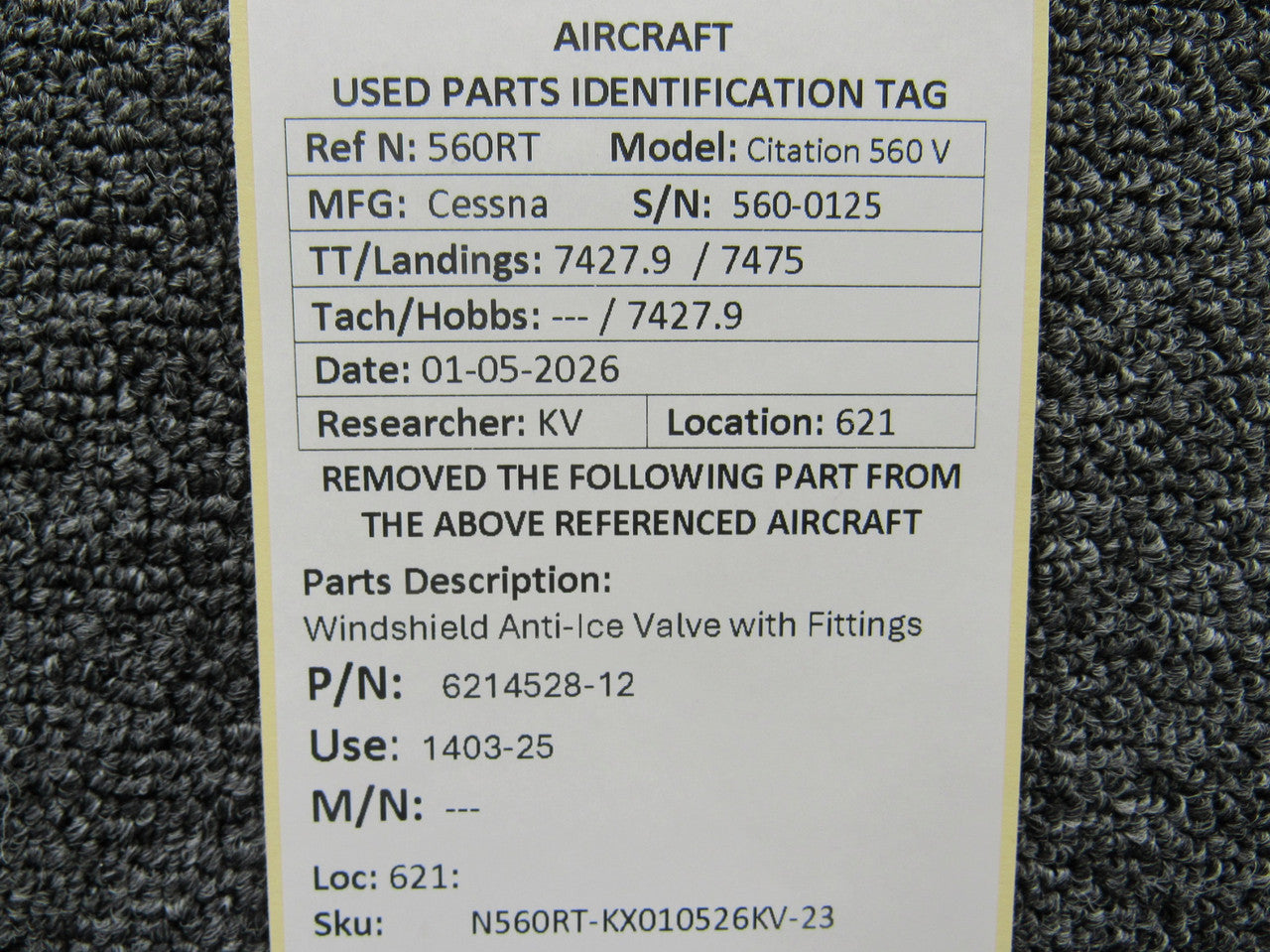 6214528-12 Cessna Citation 560 V Windshield Anti-Ice Valve with