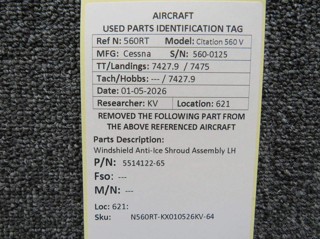 5514122-65 Cessna Citation 560 V Windshield Anti-Ice Shroud