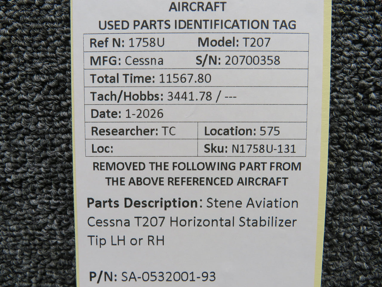 SA-0532001-93 Stene Aviation Cessna T207 Horizontal Stabilizer Tip