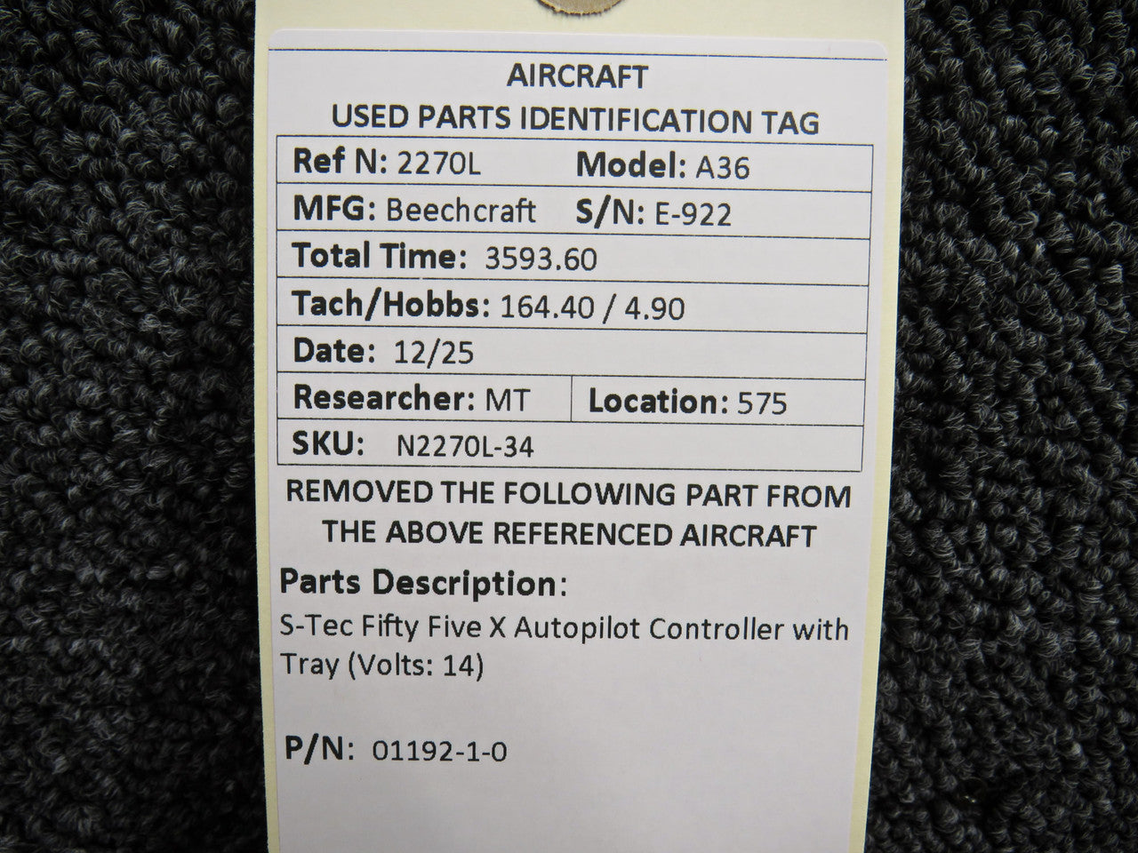 01192-1-0 S-Tec Fifty Five X Autopilot Controller with Tray (Volts