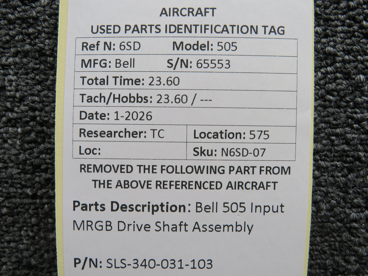 SLS-340-031-103 (Alt: 3544-3) Bell 505 Input MRGB Drive Shaft