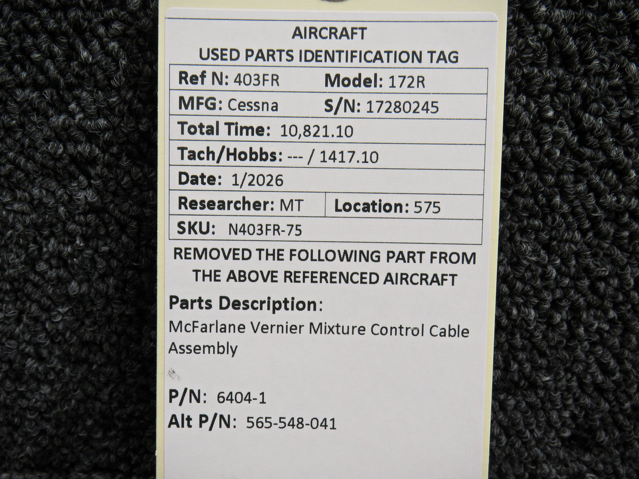 6404-1 (Alt: 565-548-041) McFarlane Vernier Mixture Control Cable
