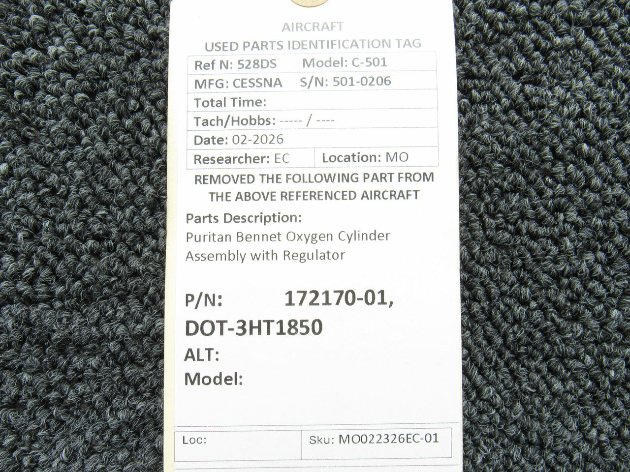 172170-01, DOT-3HT1850 Puritan Bennet Oxygen Cylinder Assembly