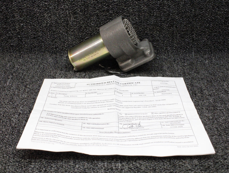 1C15-7 (Alt: 84100-2) Airborne Fuel Pump Assembly Overhauled with 8130 (Volts: 28, Amps: 6)