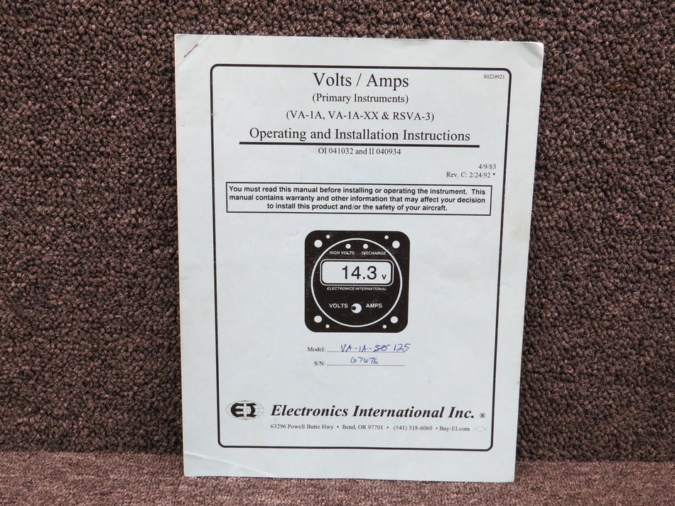 VA-1A-125 Electronics International 1992 Operating & Installation Instructions