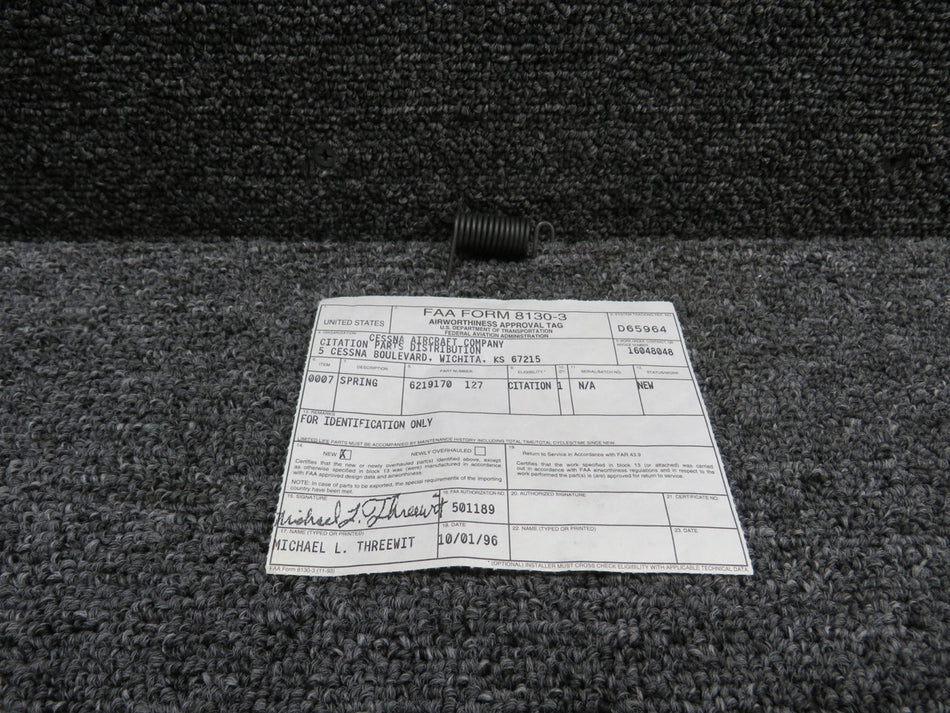 6219170-127 Cessna Citation III RH Fwd & LH Aft Armrest Spring w 8130-3 (NOS)