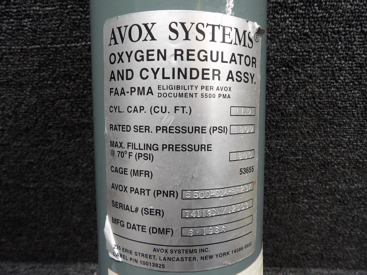 5500-C1A-BF23A Avox Systems Oxygen Cylinder Assembly | SKU N732MA