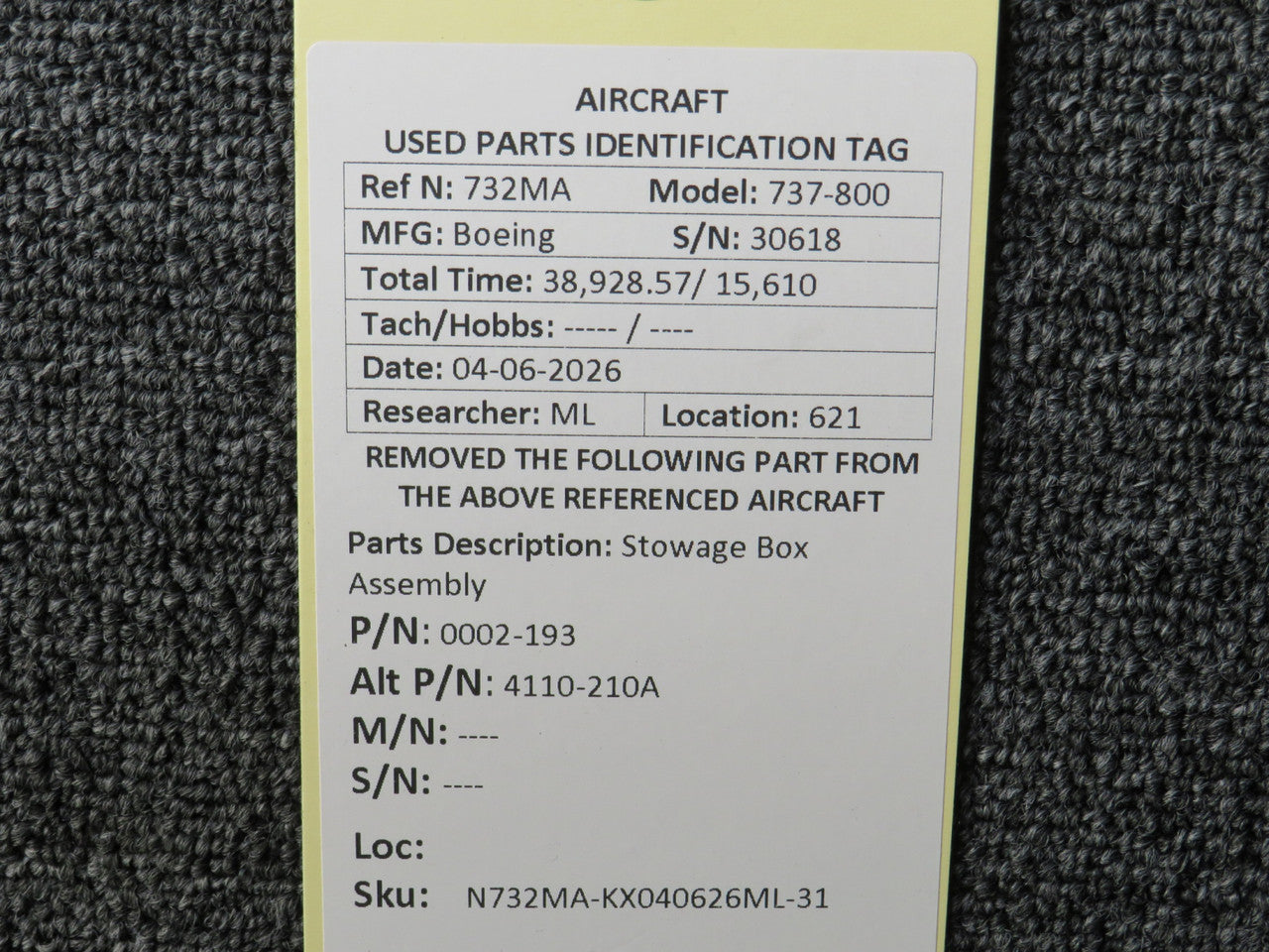 0002-193 (Alt: 4110-210A) Boeing 737-800 Stowage Box Assembly