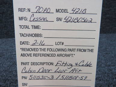 5111535-3 / 5111508-59 Cessna 421B Fitting & Cable Cabin Door Lower Aft BAS Part Sales | Airplane Parts