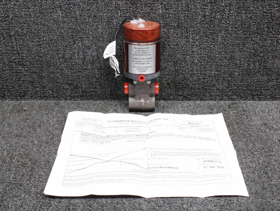 4140-00-153 Dukes Electric Fuel Boost Pump Overhauled with 8130-3 (28V, 3A)