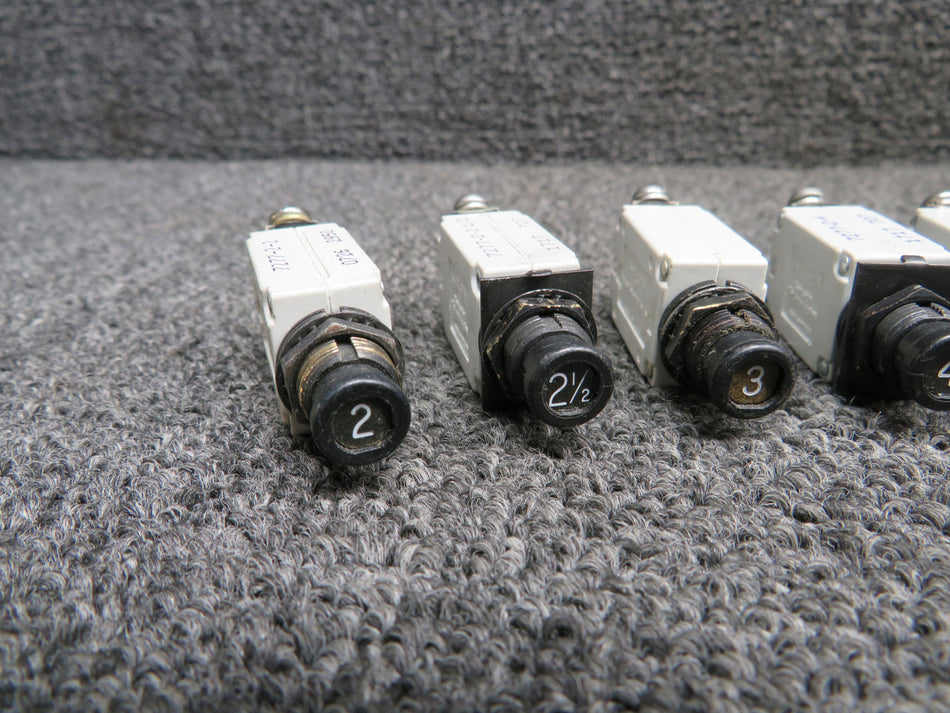 7274-2-15, 7277-2-5, 7277-2-4 Klixon Push Breakers Set of 10 (Amps: 2-15)