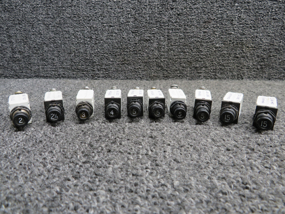 7274-2-15, 7277-2-5, 7277-2-4 Klixon Push Breakers Set of 10 (Amps: 2-15)