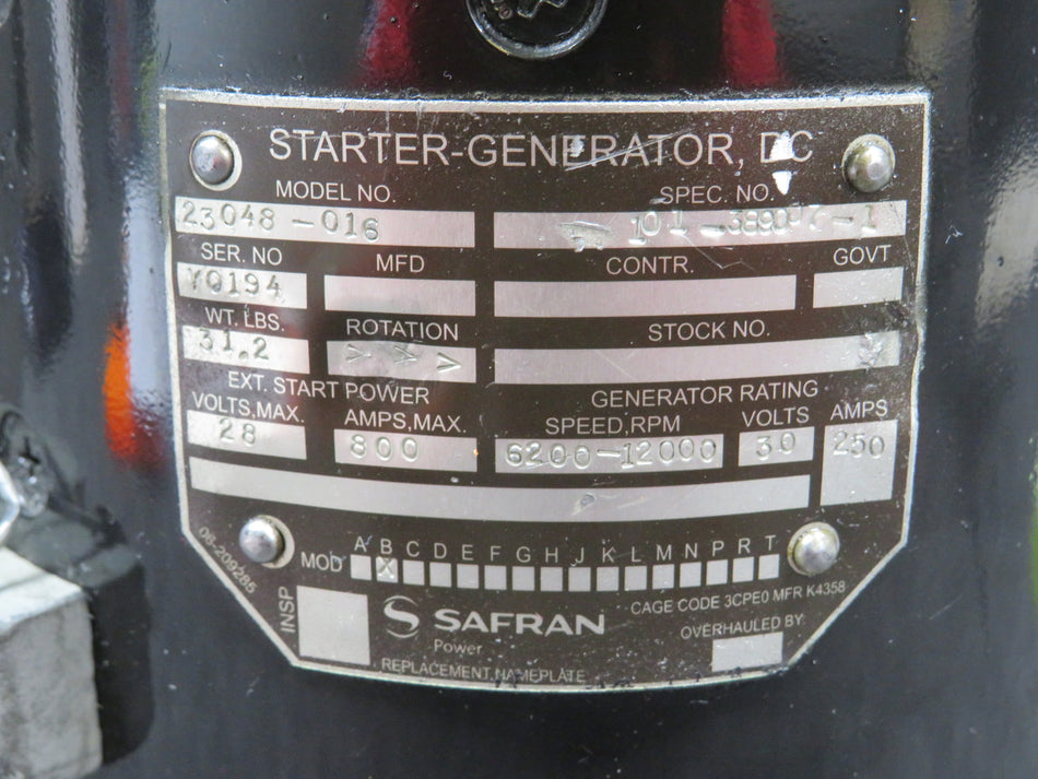 101-389007-1 Safran 23048-016 DC Starter Generator w Modifications (28V, 800A)