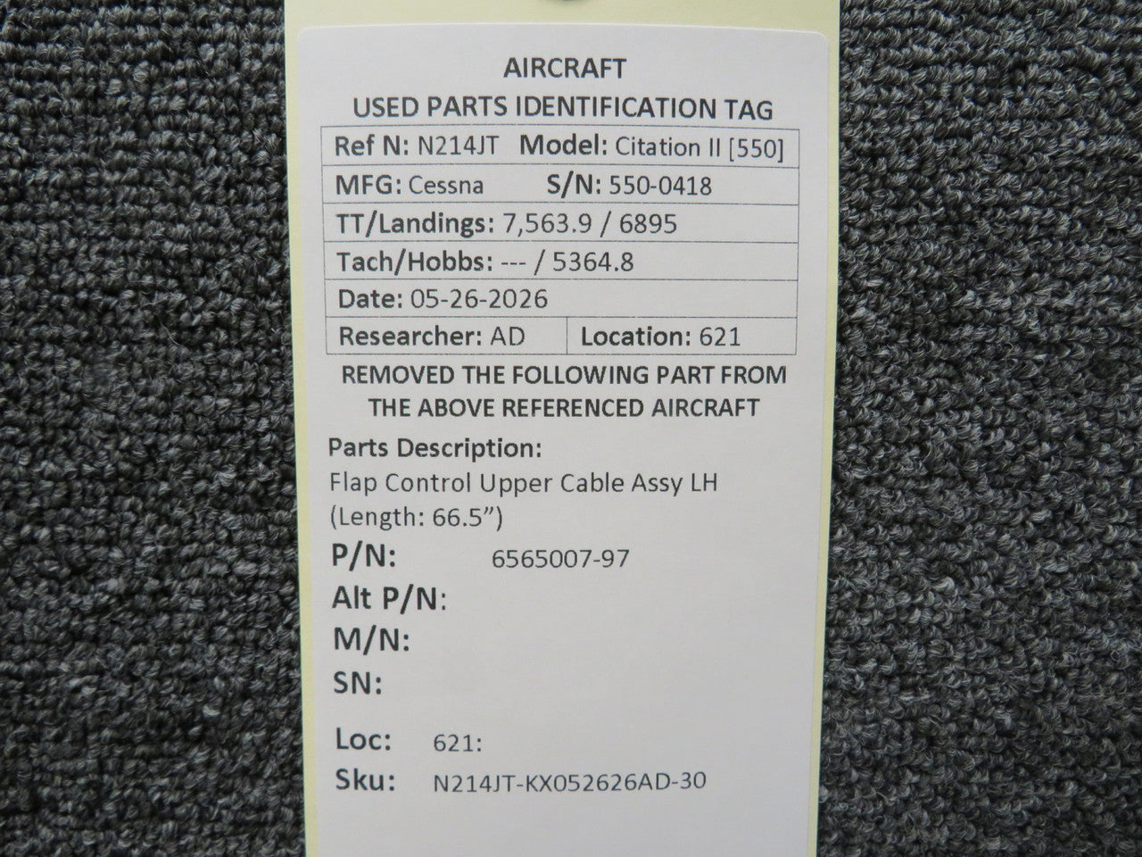 6565007-97 Cessna Citation II Flap Control Upper Cable Assy LH