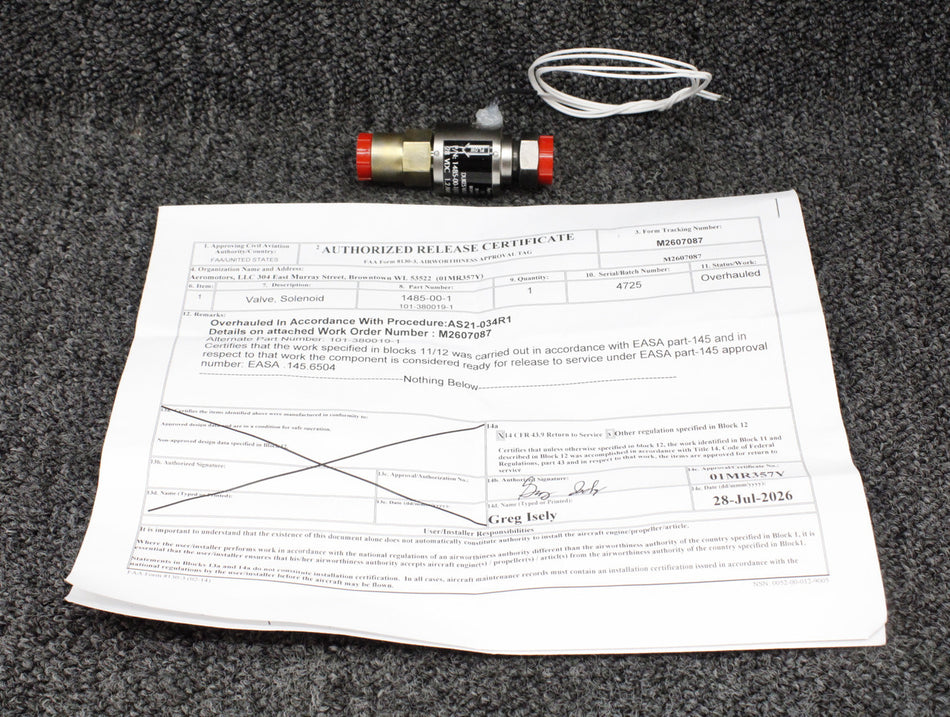 1485-00-1 (Alt: 101-380019-1) Dukes Solenoid Valve Overhauled with 8130-3 (28V)