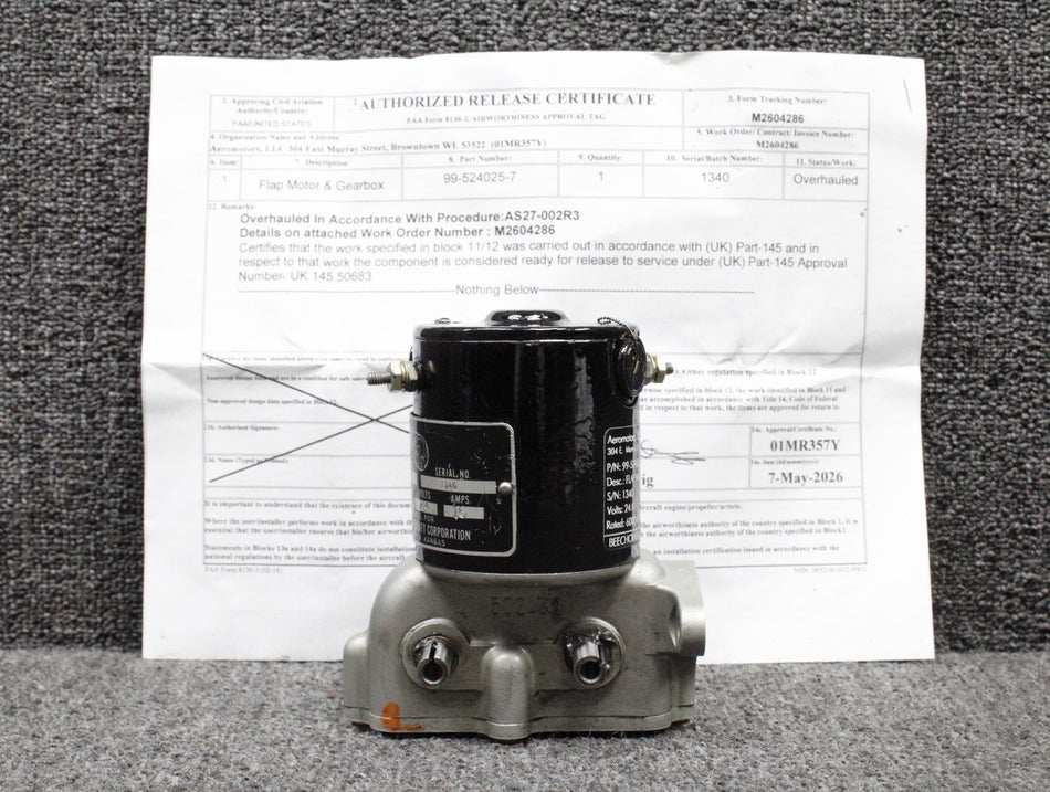 99-524025-7 Beechcraft Flap Motor and Gearbox Overhauled with 8130-3 (24V, 16A)
