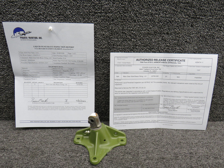 20760-000 Piper PA24-250 Main Gear Side Brace Fitting LH with 8130-3 & PAI-PT-1