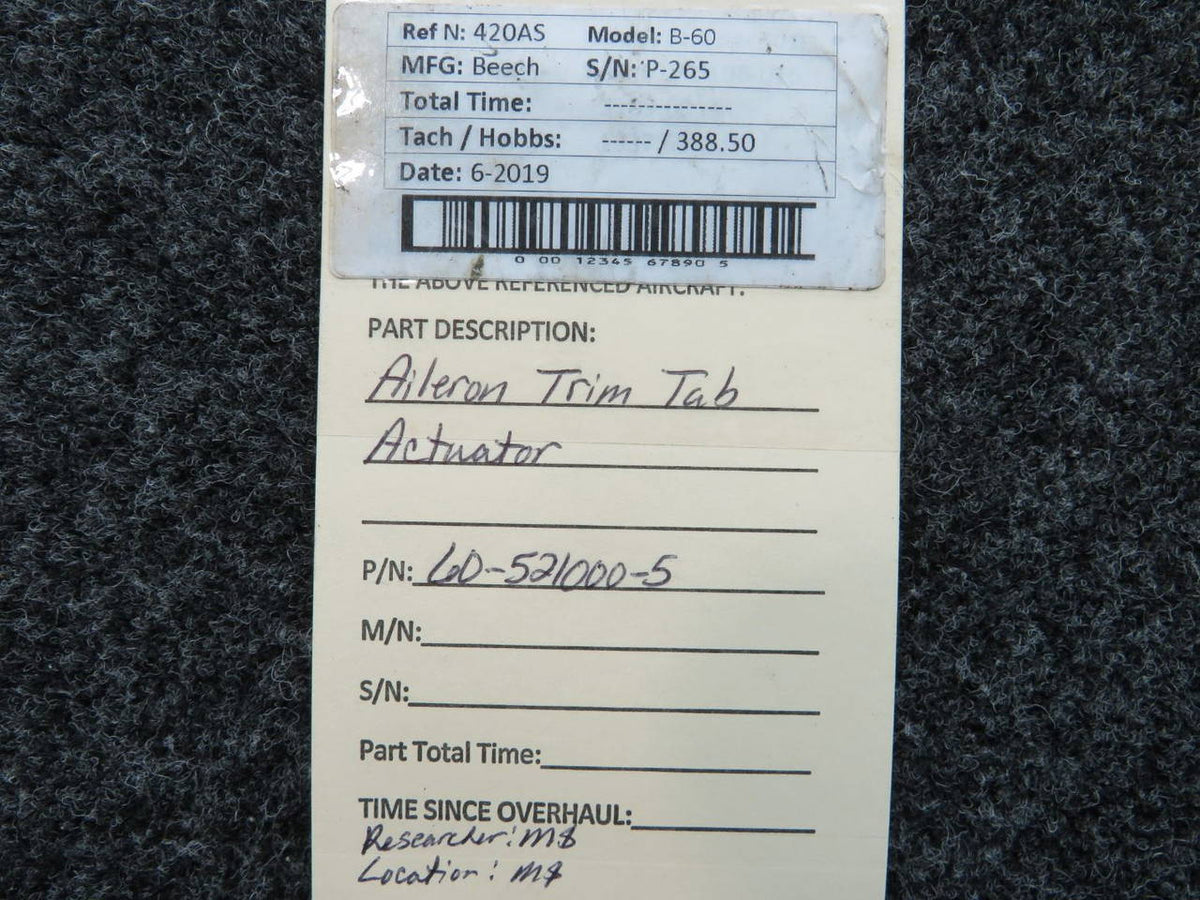60-521000-5 Beech B-60 Aileron Trim Tab Actuator BAS Part Sales | Airplane Parts