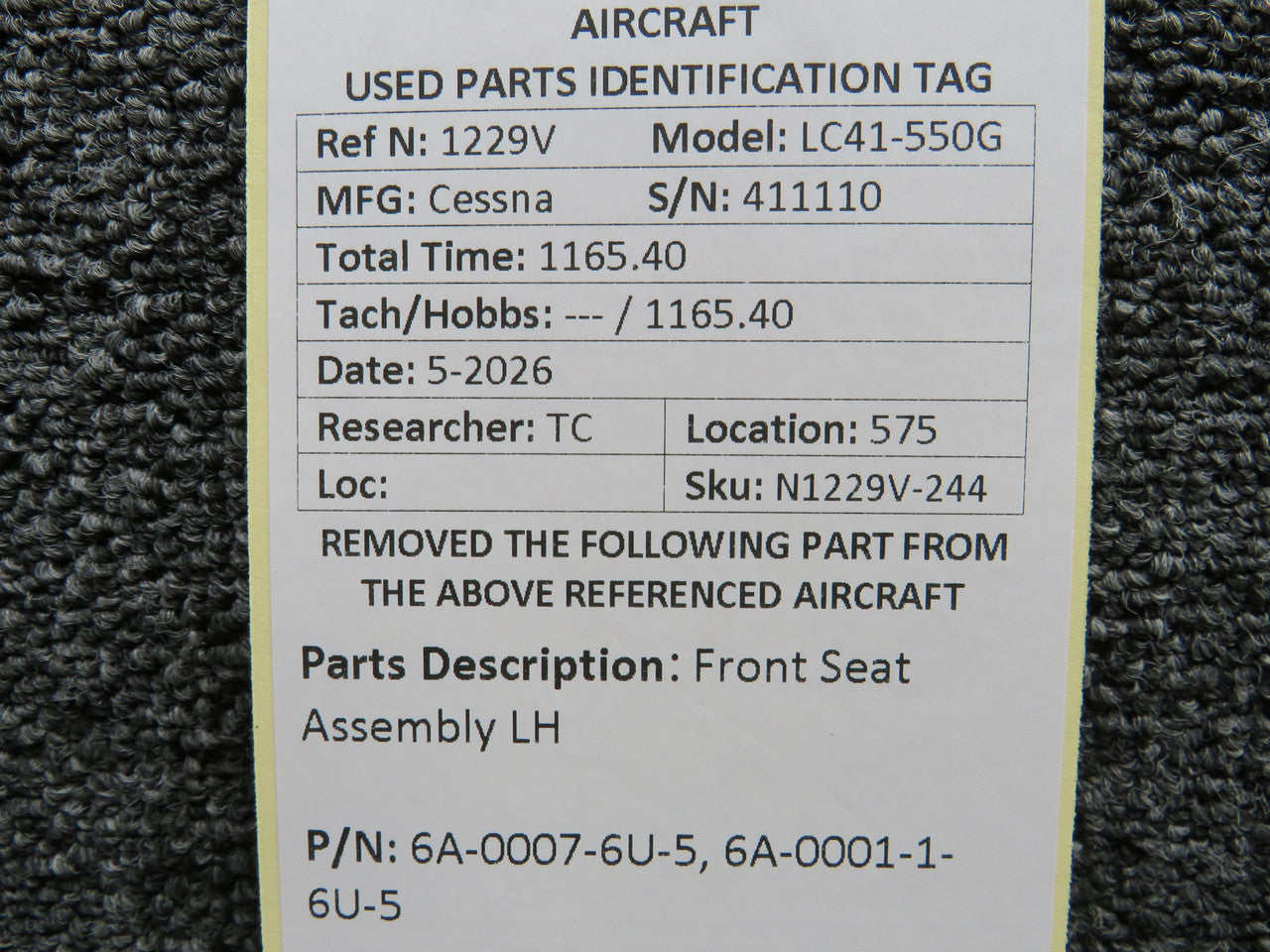 6A-0007-6U-5, 6A-0001-1-6U-5 Cessna LC41-550FG Front Seat Assembly