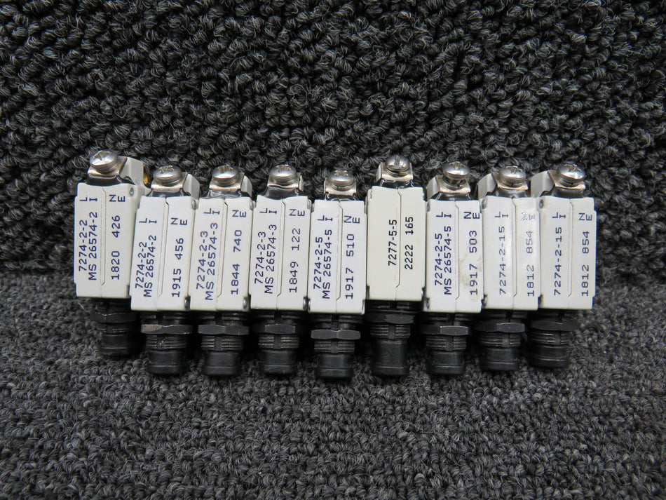 7274-2-2, 7274-2-3 Klixon Push Circuit Breaker Set of 9