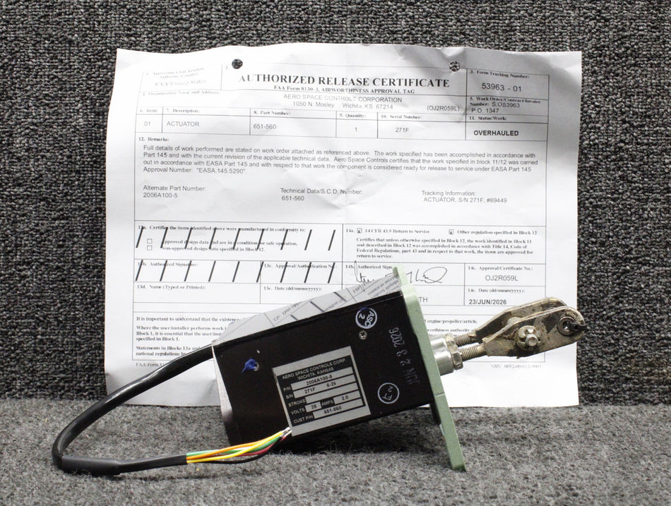 2006A100-5 (Alt: 651-560) Aero Space Controls Rudder Trim Actuator Overhauled with 8130-3 (28V, 2A)